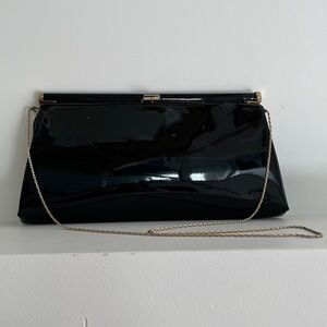 VINTAGE Black Patent Shiny Evening Shoulder Bag Chain Strap Chic Glamour Party